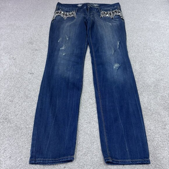 Express Jeans Ultra Skinny Zelda Slim Fit Rhinestone Blue Low Rise Women’s Sz 10 - Picture 5 of 13